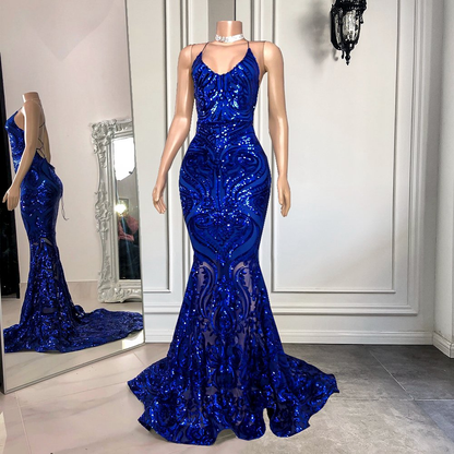 Spaghetti-Straps Royal Blue Long Mermaid Prom Dress With Sequins  gh2101