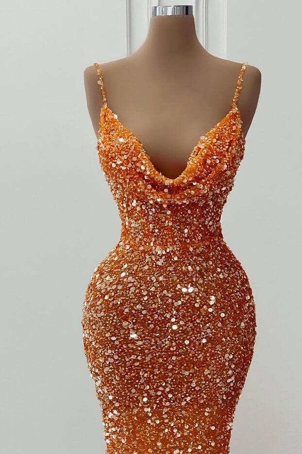 Orange gorgeous shiny V-neck mermaid slim spaghetti straps long sequined ball gown evening dress party dress gh2070