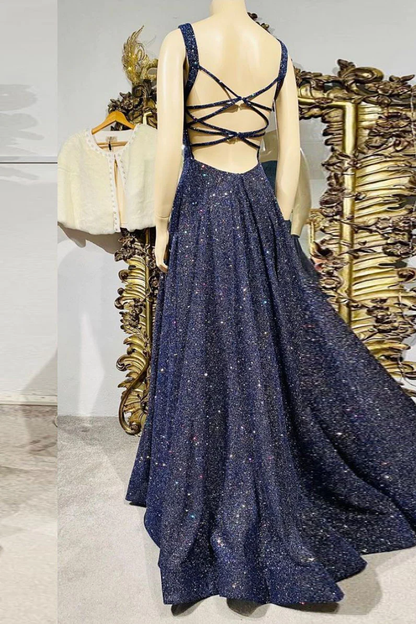 Dark blue sequin long prom dress , blue evening dress gh2344