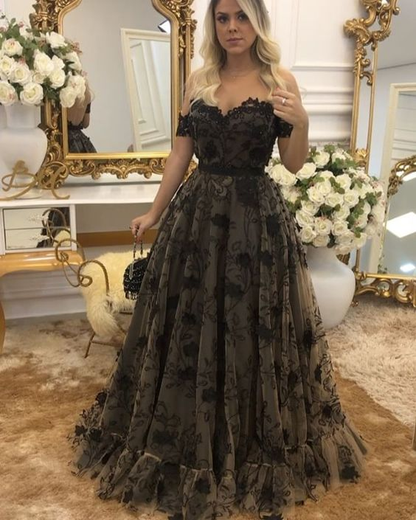 Off Shouler Black Lace Long Prom Dresses with Appliques, Off Shoulder Black Formal Dresses, Evening Dresses  gh2411