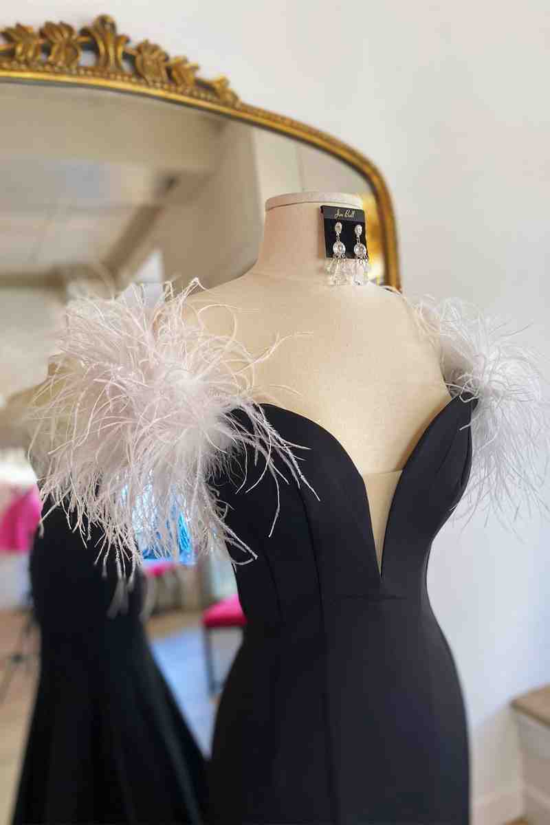 Long Black High Slit Prom Dress with White Feather gh2409