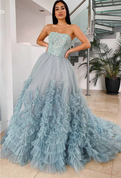 Elegant Dusty Blue Strapless Ruffles Long Prom Dress gh2248
