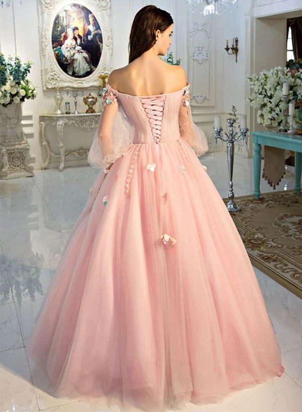 Pink delicate floral applique fairy long sleeves long tulle ball gown evening dress gh2279
