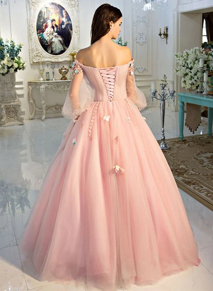 Pink delicate floral applique fairy long sleeves long tulle ball gown evening dress gh2279