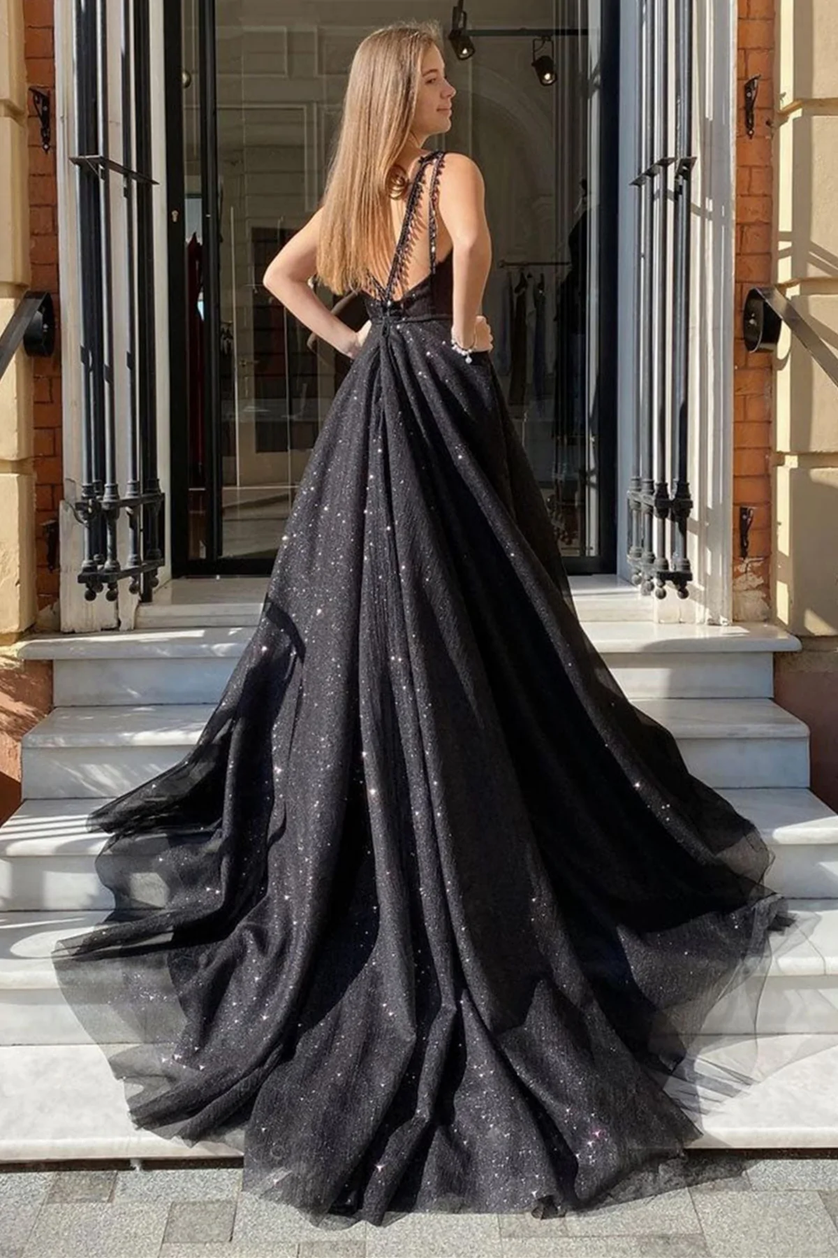 Shiny Tulle V Neck Open Back Black Long Prom Dresses with High Slit, Sparkly Black Tulle Formal Graduation Evening Dresses gh2172