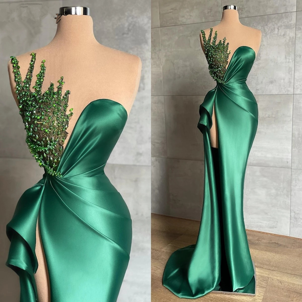 Green luxury gorgeous beaded gown long elegant satin sexy slit prom dress evening gown party dress gh1911