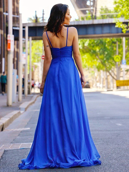 Blue Sleeveless Spagehtti Straps Side Slit Long Prom Dresses,Simple Party Dress ,Evening Dress With Train  gh2375