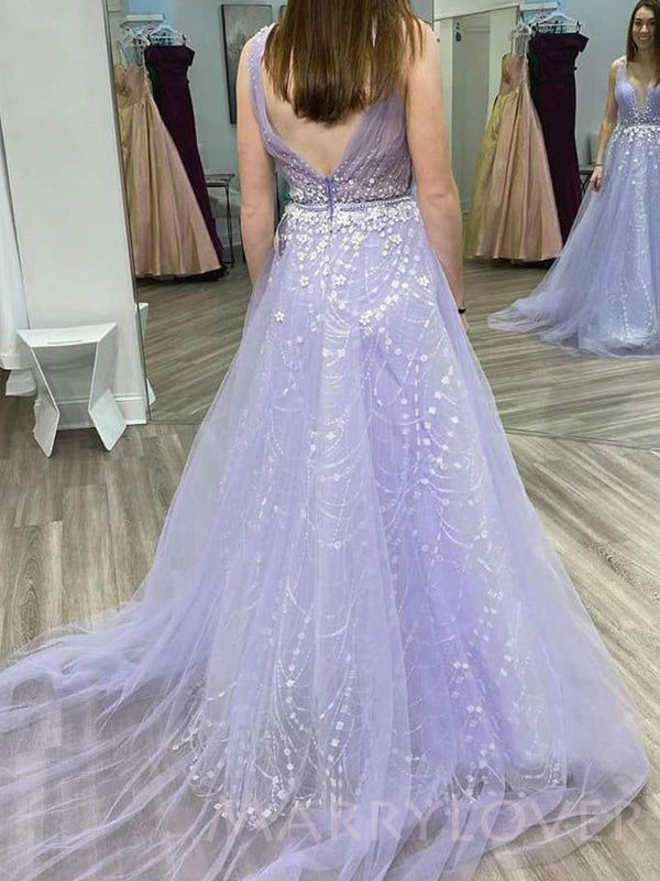 Lilac Tulle Deep V-neck Beaded Long Evening Prom Dresses, Cheap Custom Prom Dress gh2500