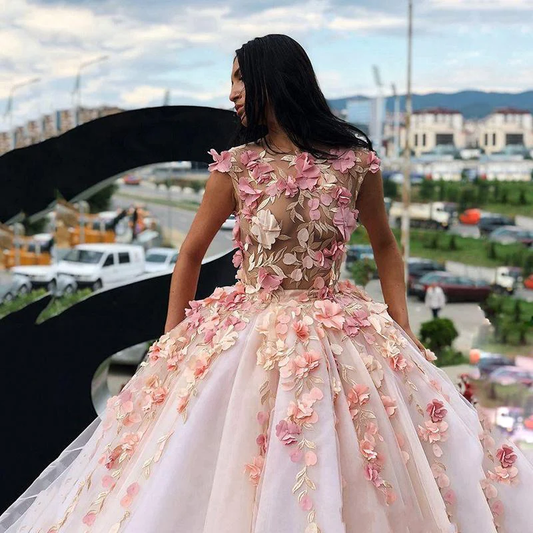 Princess Ball Gown Pink Tulle Prom Dresses with Handmade Flowers, Quinceanera Dress gh2127