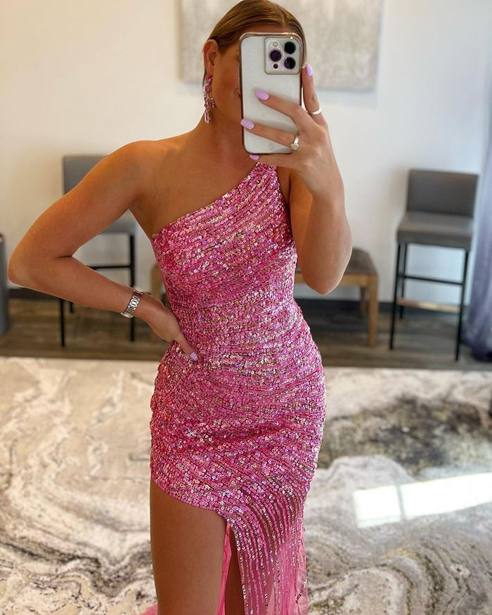 Stripe Sequin Blushing Pink One Shoulder Prom Dress with Side Slit gh2501