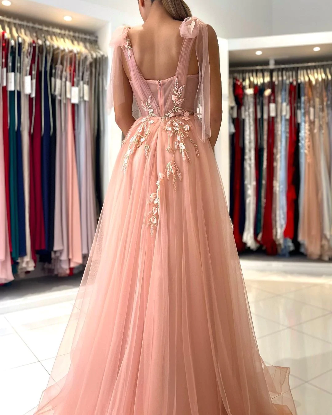 Pink charming heart-shaped sling tulle slit long evening dress gh2169