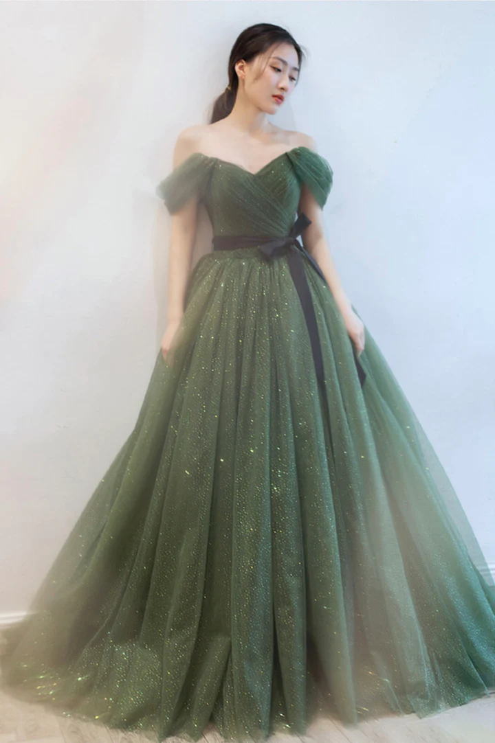 Green tulle long prom dress A line evening dress  gh2275