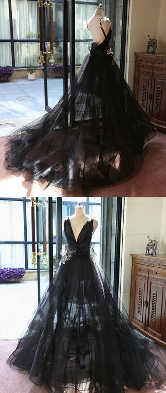 Charming Prom Dress,Black Deep V Neck Tulle Evening Dress,Ball Gown Evening Dresses,Backless Formal Evening Gowns gh2303