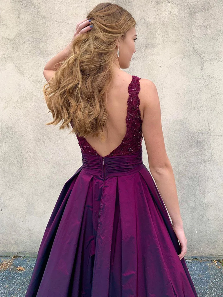 V Neck Backless Purple Lace Prom Dresses, V Neck Open Back Purple Lace Formal Evening Dresses gh2219