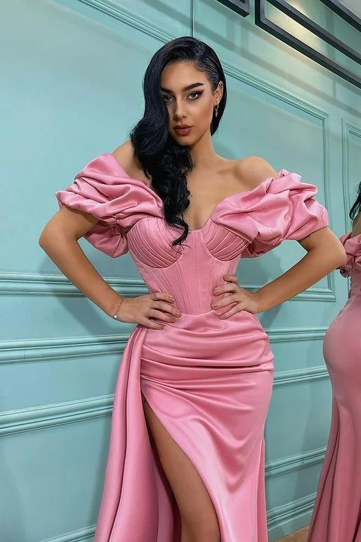 Pink Split Prom Dress Long Mermaid Off-the-Shoulder gh2536