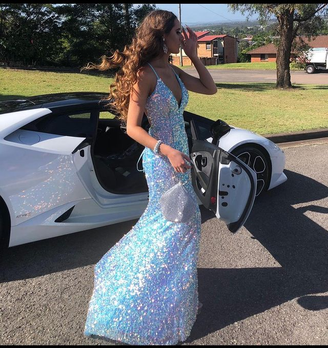 Sparkly Mermaid V Neck Light Blue Sequins Long Prom Dresses with Slit gh2239