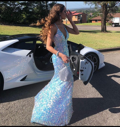 Sparkly Mermaid V Neck Light Blue Sequins Long Prom Dresses with Slit gh2239