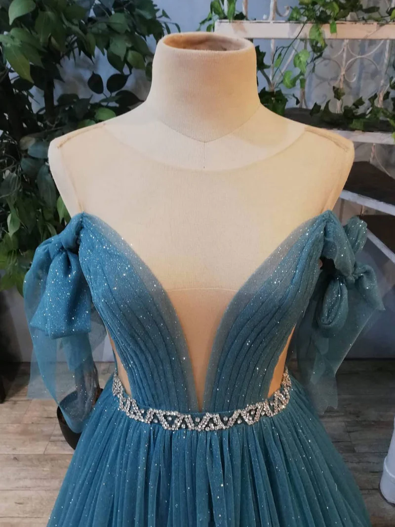 BLUE ROUND NECK TULLE SEQUIN LONG PROM DRESS, BLUE EVENING DRESS gh2206