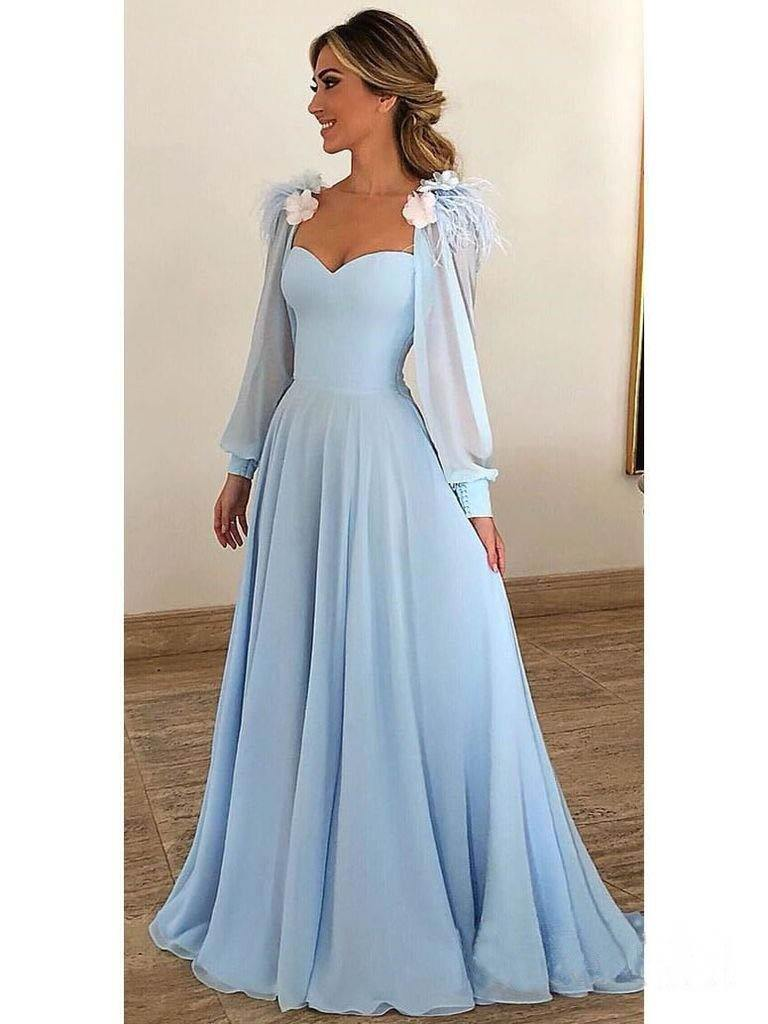 Sky Blue Long Chiffon Prom Dresses With Sleeves Formal Dresses gh2155