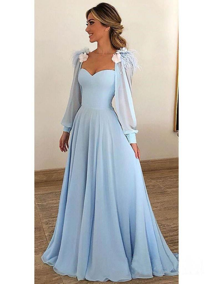 Sky Blue Long Chiffon Prom Dresses With Sleeves Formal Dresses gh2155