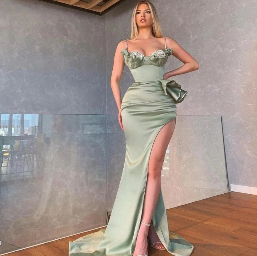 Elegant Dusty Sage Spaghetti Straps Mermaid Prom Dress With Slit gh2392