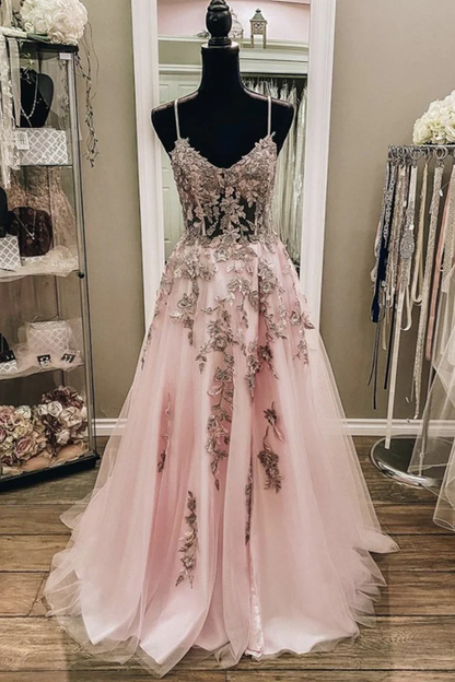 V Neck Backless Pink Lace Long Prom Dress, Long Pink Lace Formal Evening Dress gh2283