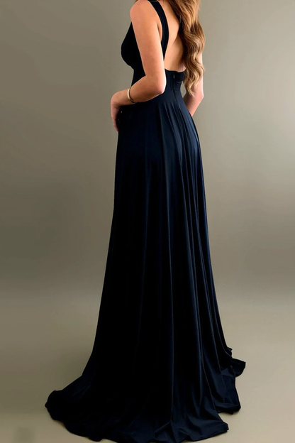 V-neckline Maxi Long Prom Dress with Wide Waistband  gh1925