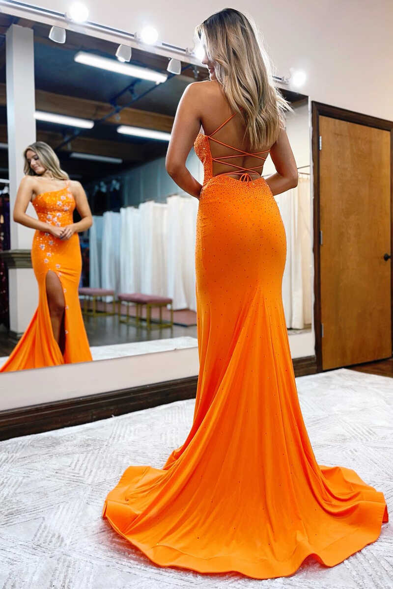 One-Shoulder Orange Beaded Stars Long Prom Dress with Slit gh2417