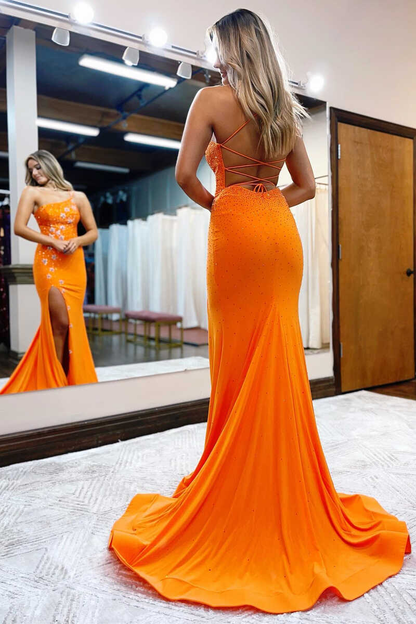 One-Shoulder Orange Beaded Stars Long Prom Dress with Slit gh2417