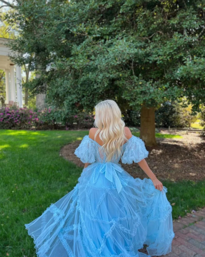 Charming A Line Off the Shoulder Blue Tulle Prom Dresses gh2496
