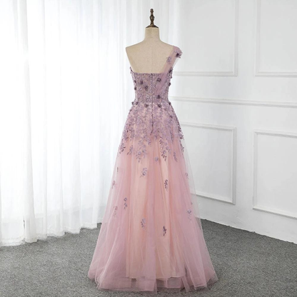 One Shoulder Tulle Sleeveless Long Prom Dresses Lace Appliques Beaded Formal Girl Party Gown  gh2277