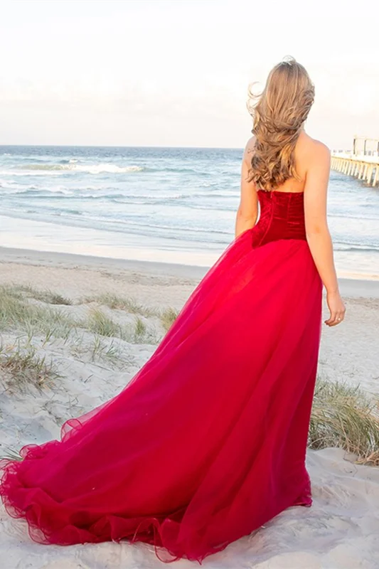 Burgundy Tulle Prom Dress Velvet Top V-Neck gh2545