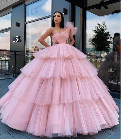 Charming Ball Gown Tulle Pink One Shoulder Long Prom Dresses, Quinceanera Dresses  gh2091