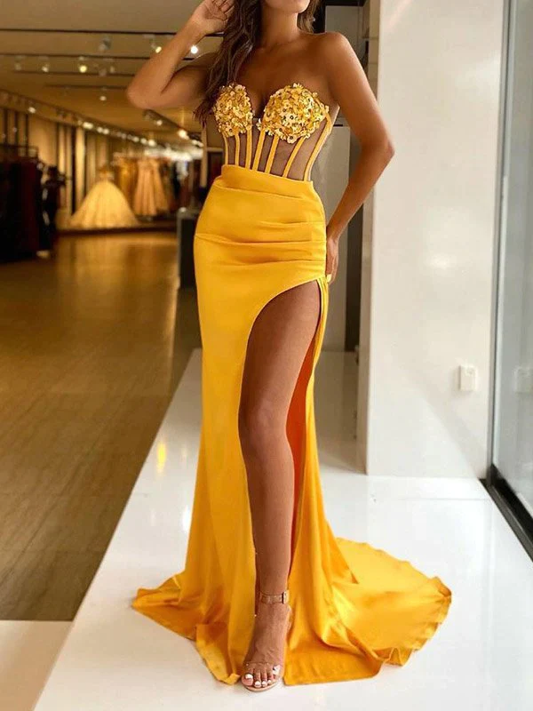 Embroidered Split-Joint Bandeau Prom Dress See-through Evening Dress  gh2026