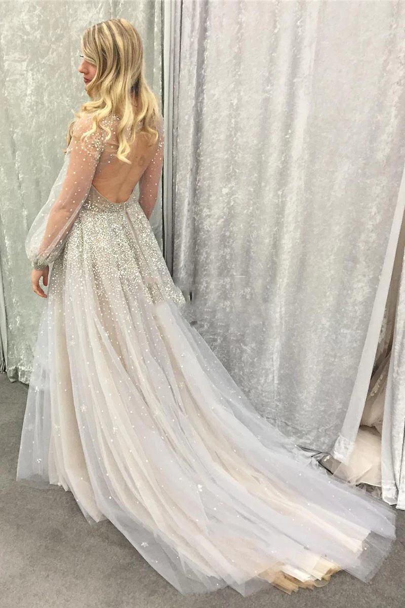 Newly A Line Gray Tulle Long Sleeves See Through Sweetheart Beaded Prom gh2493