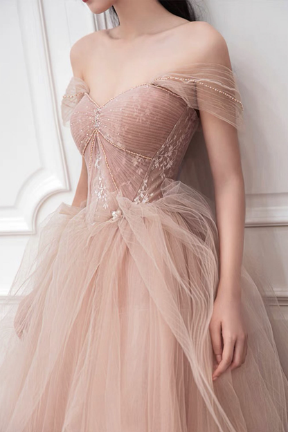 PINK TULLE LONG PROM DRESS PINK EVENING DRESS gh2448