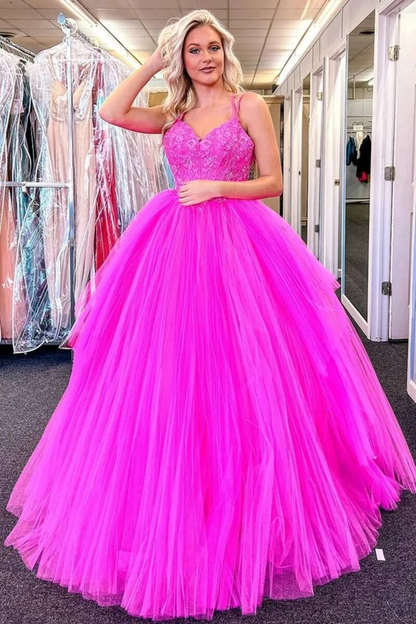 V Neck Fuchsia Lace Appliques Tulle Long Prom Dresses, Fuchsia Lace Formal Evening Dresses, Fuchsia Ball Gown gh2562