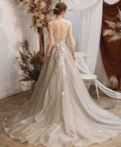 Unique Round Neck Tulle Lace Long Prom Dress Lace Formal Dress gh2229