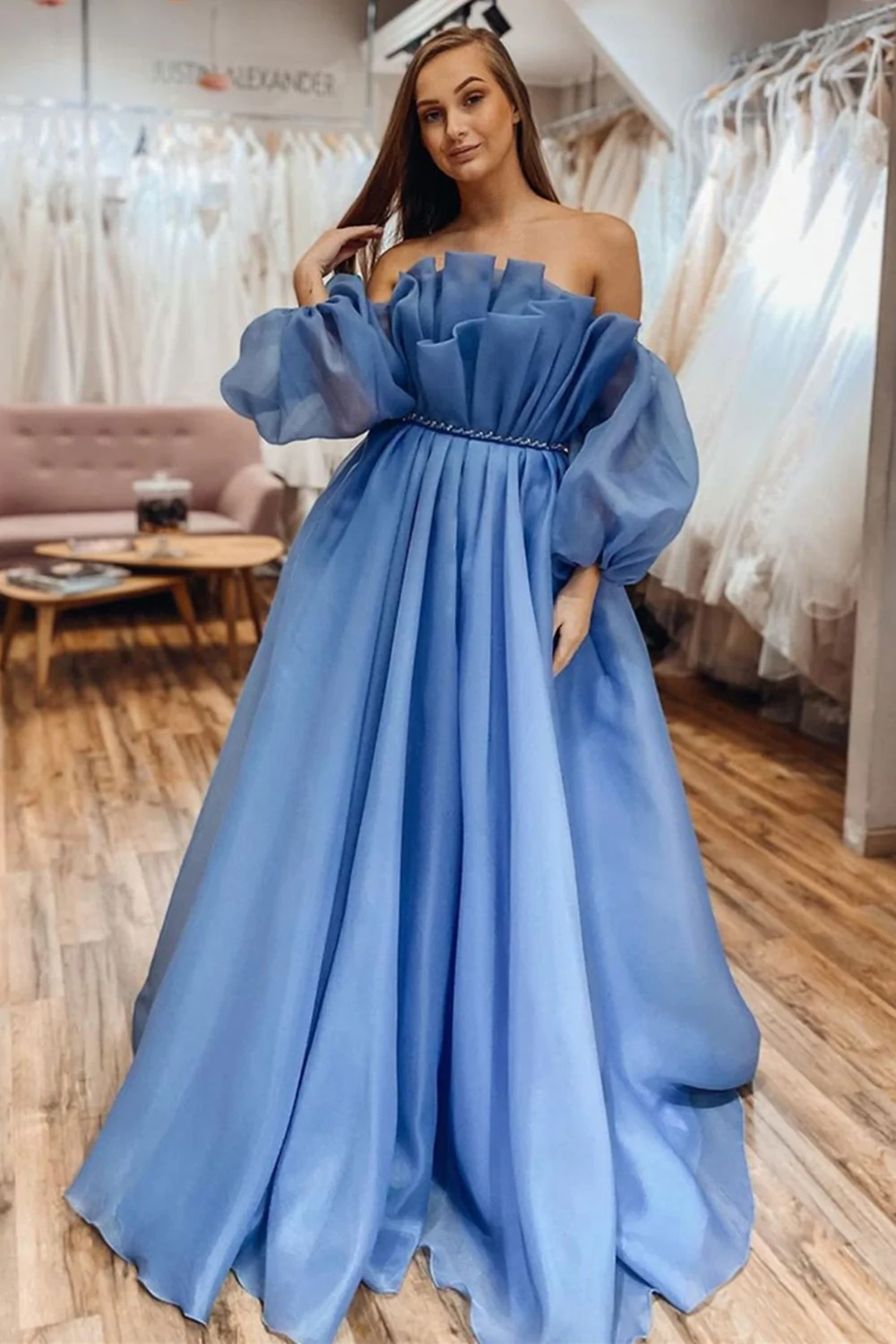 Strapless Blue Tulle Long Prom Dresses with Belt, Long Blue Formal Dresses, Blue Evening Dresses  gh2360