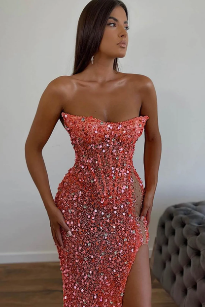 Pink Luxury Glitter Off-shoulder Sleeveless Long Sequins Mermaid Sexy Side Slit Prom Gown Evening Dress Formal Party Dress gh2465