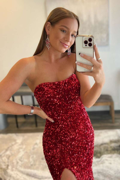 Burgundy Sequin Strapless Mermaid Long Prom Dress gh2088