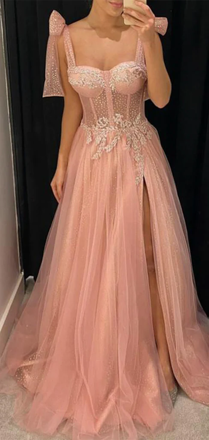 Aline Pink Modest Sleeveless Long Prom Dresses, Evening Dress With Split gh2529