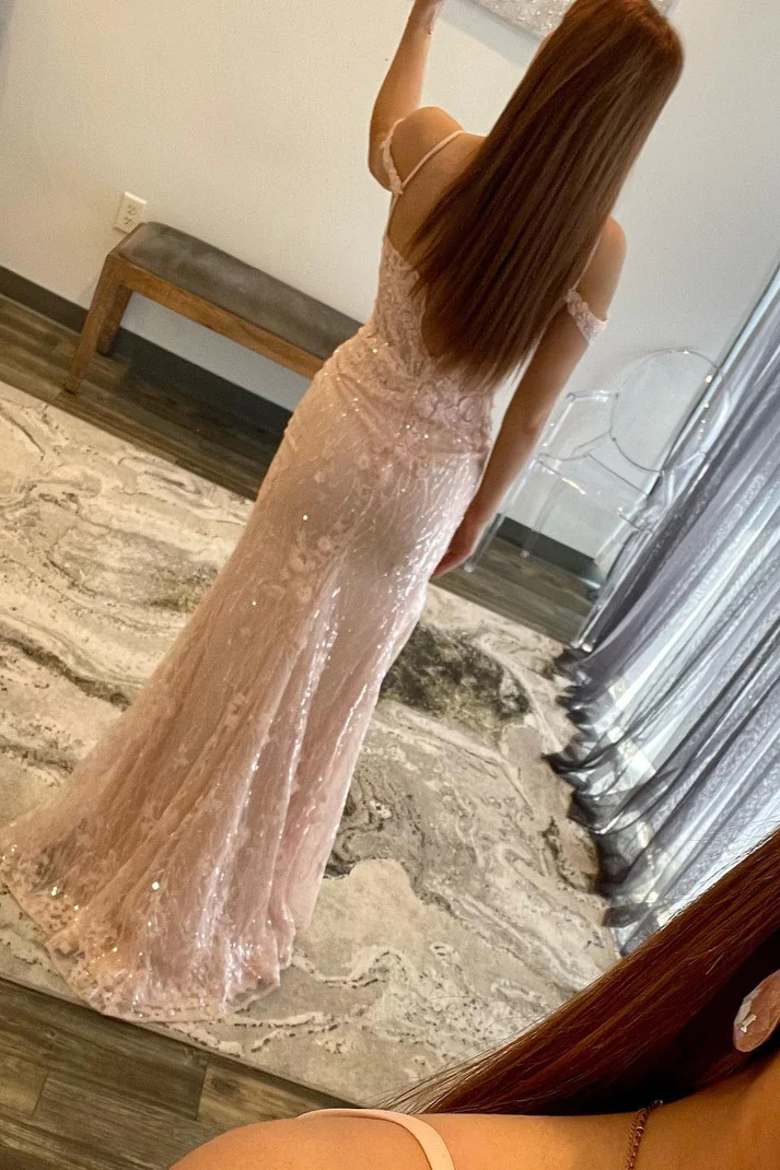 Blushing Pink Mermaid Off-the-Shoulder Applique Long Prom Dress with Slit gh2616