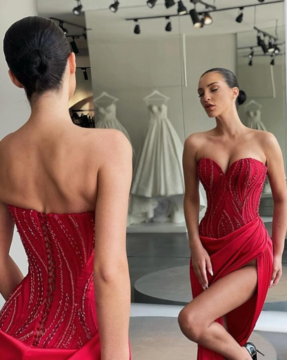 Classic Red Sweetheart Mermaid Prom Dress Split Long With Beadings gh1923