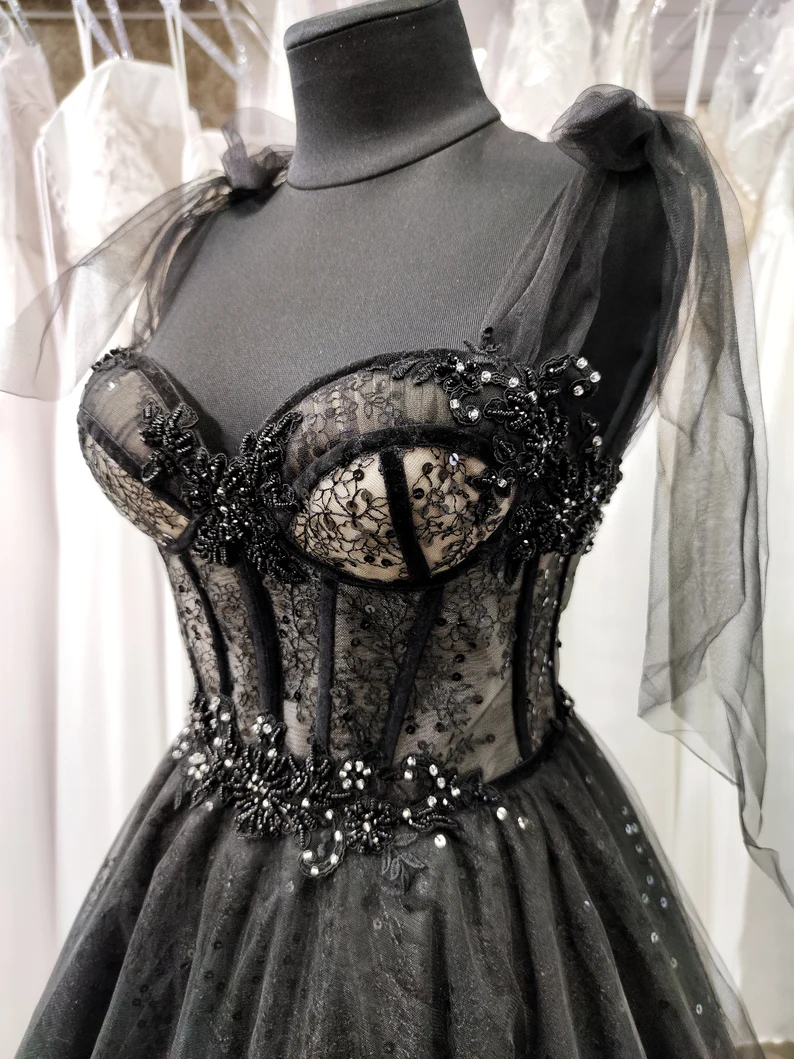 Tulle black applique beaded A-line maxi corset dress party dress off-the-shoulder gown ball gown elegant evening dress gh2106