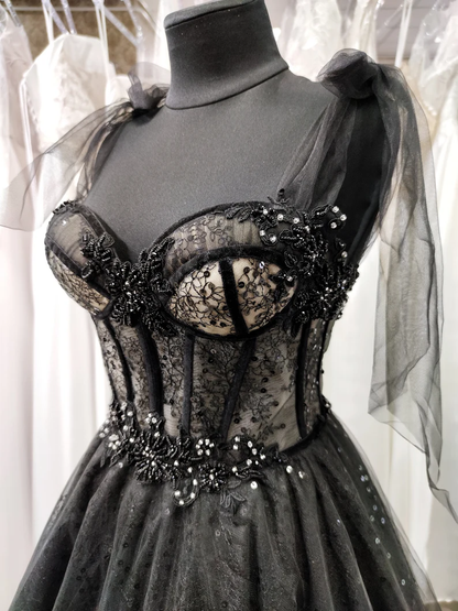 Tulle black applique beaded A-line maxi corset dress party dress off-the-shoulder gown ball gown elegant evening dress gh2106