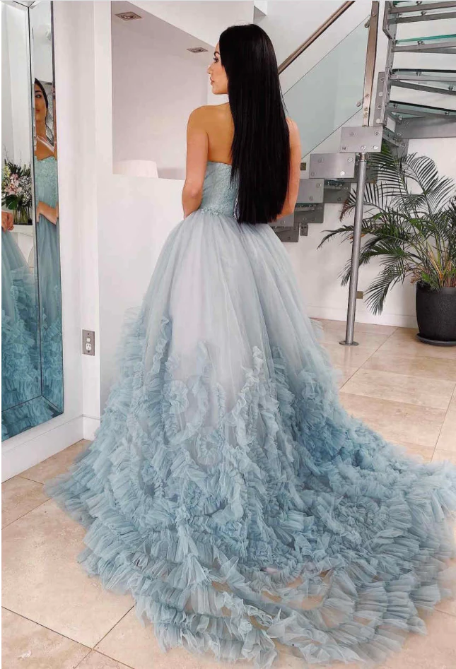 Elegant Dusty Blue Strapless Ruffles Long Prom Dress gh2248