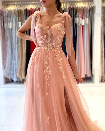 Pink charming heart-shaped sling tulle slit long evening dress gh2169
