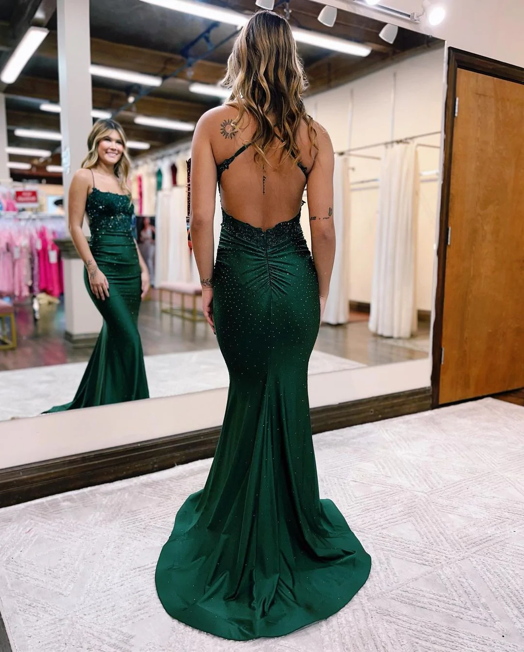 Dark green shiny glamorous mermaid slim round neck long satin prom dress evening gown party dress with beading gh2522