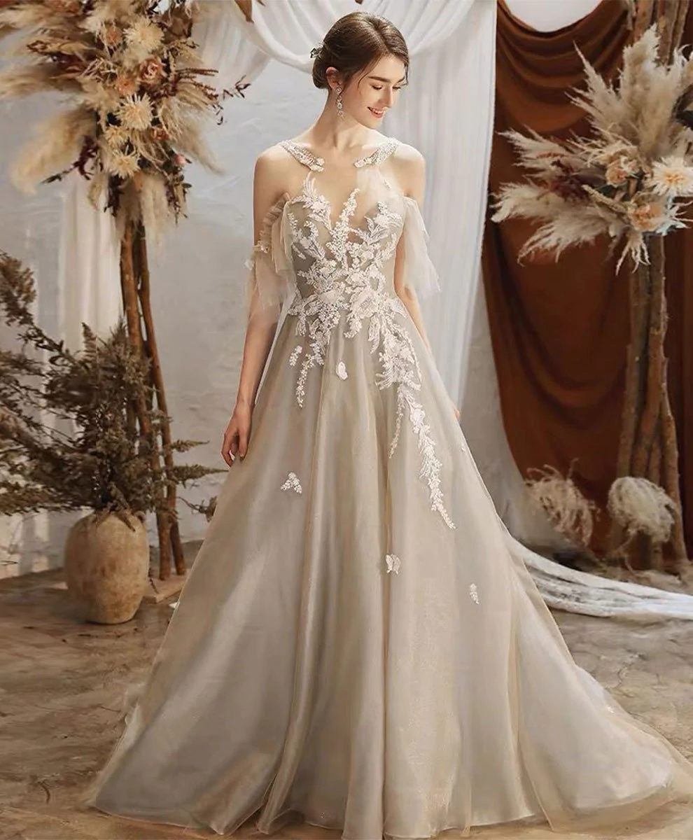 Unique Round Neck Tulle Lace Long Prom Dress Lace Formal Dress gh2229